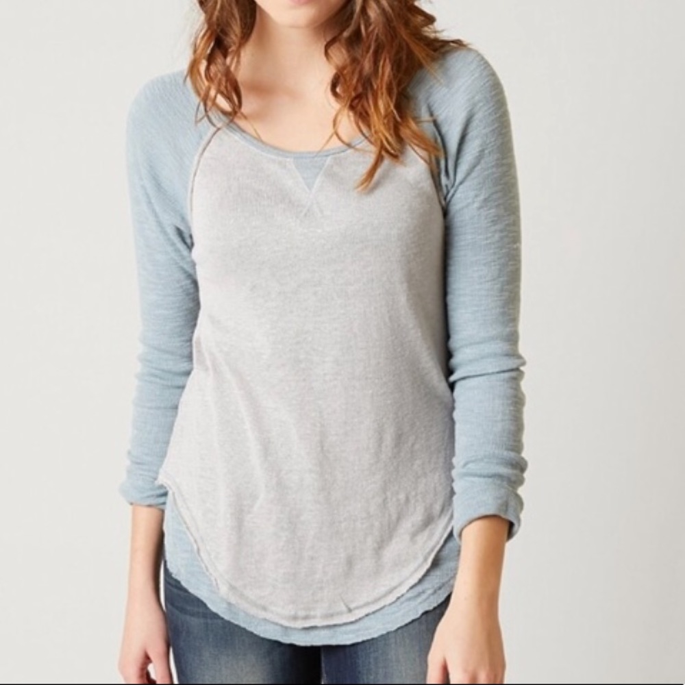 Free People Long Sleeve Raglan Tee in Light Blue and Light Gray